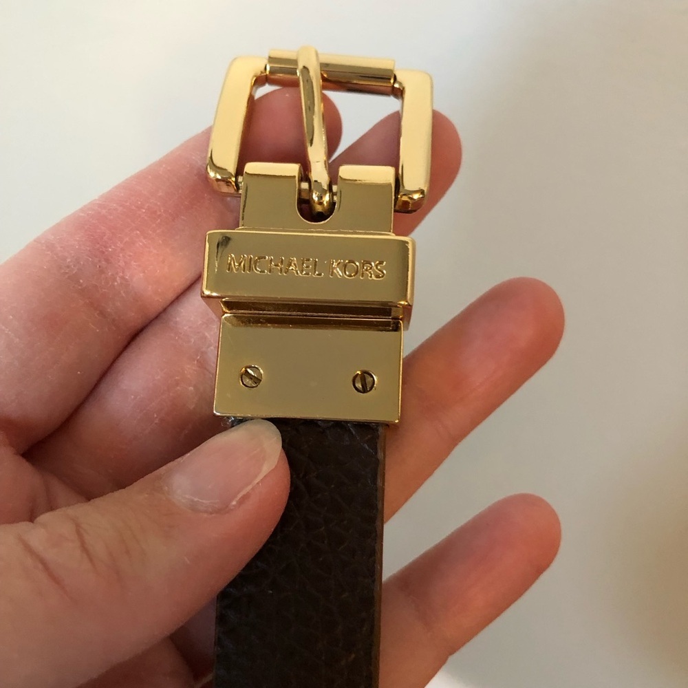 Michael Kors Women’s S Copper Logo/Brown Leather Reversible Gold Buckle 1” Belt - Picture 8 of 11